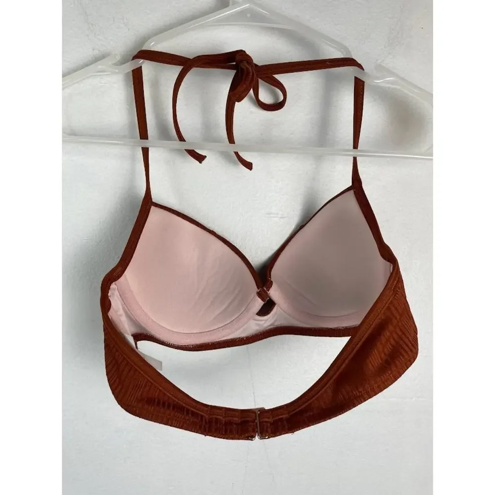 Shade & Shore Copper Bikini Top Swimsuit Fixed Cup Halter Tie Satin Top 32B